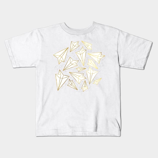 Paper Airplanes Gold Grey Kids T-Shirt by Beth Thompson Art